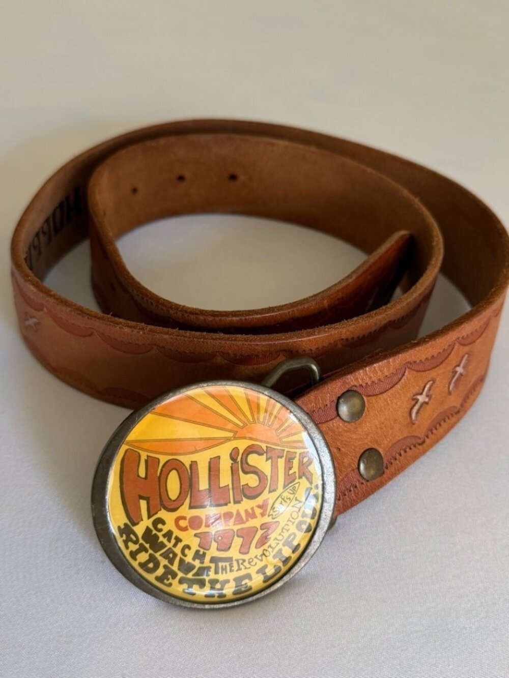 Hollister Retro Seagull Embossed Brown Leather Belt & Surf Buckle